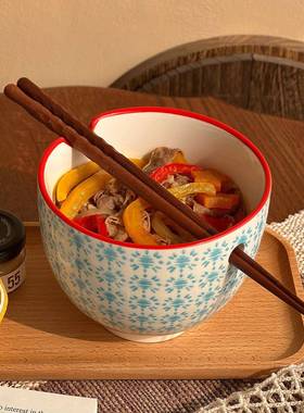 日式蓝色小花筷子碗一人食餐具家用带孔泡面 面碗陶瓷简约高颜值