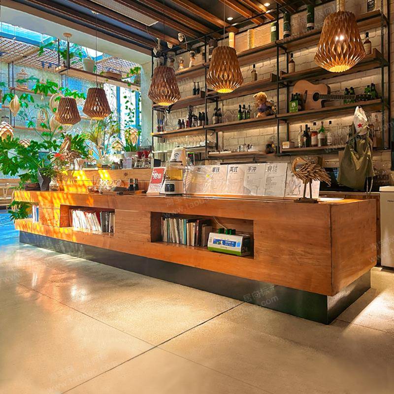 原木风民宿转角奶茶咖啡店饭店定制水吧台商用前台接待台花店工作