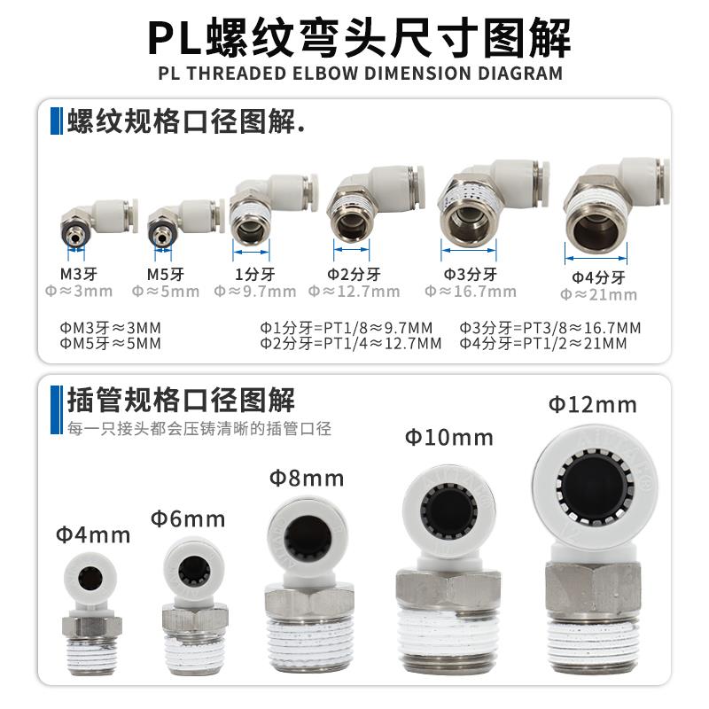 亚德客气动气管螺纹快速快插弯接头PL4/6/8/10/12-M5-01-02-03-04