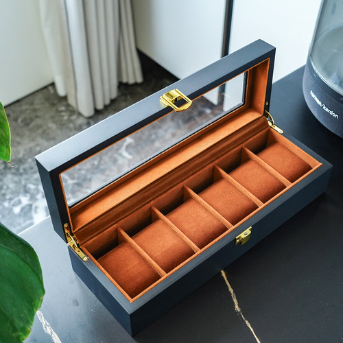 黑色烤漆6只装手表收纳盒木质咖色绒布内里6位手表首饰收藏展示箱