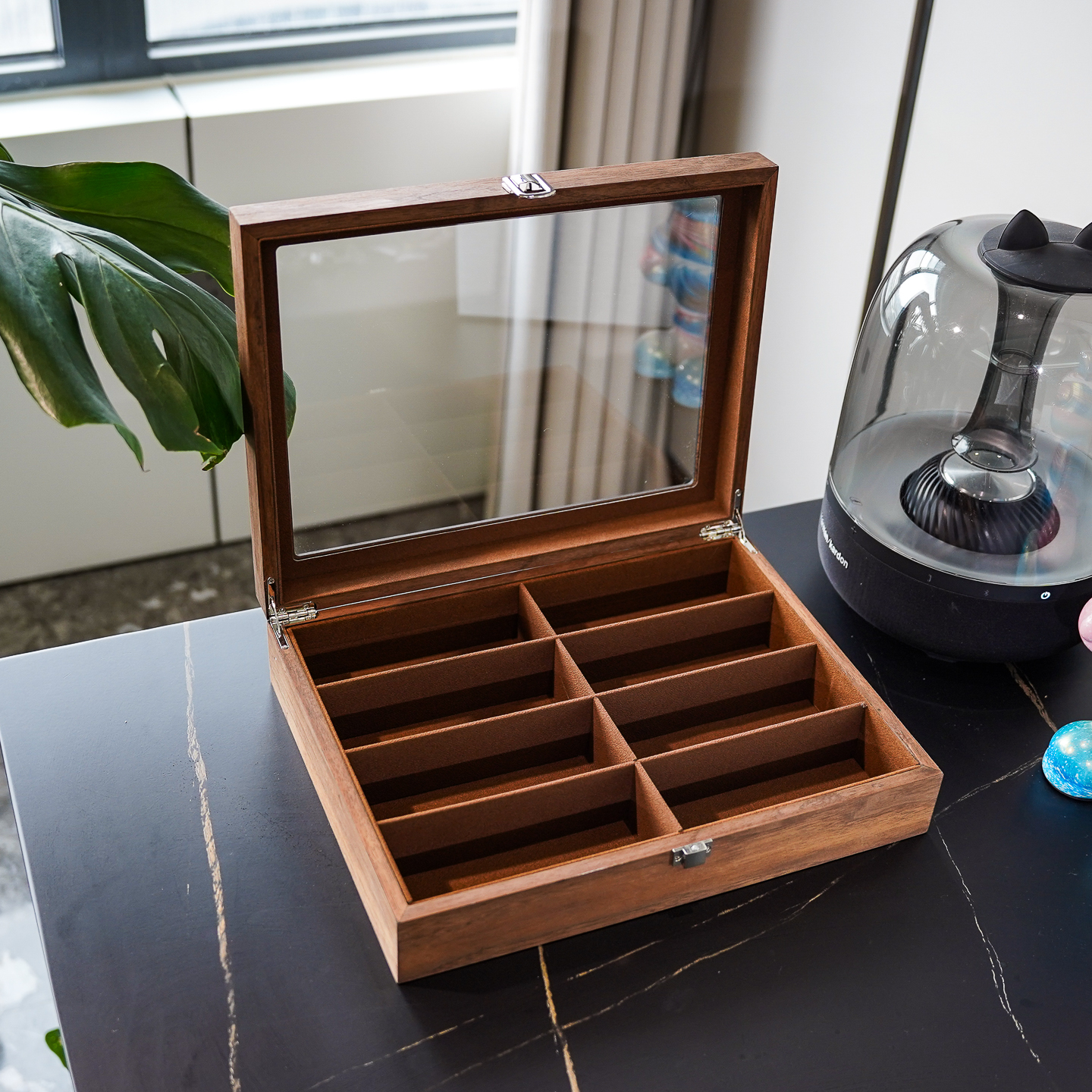 8位黑胡桃木纹眼镜收纳盒透明天窗带锁8格墨镜太阳镜收藏展示盒子