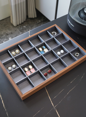 黑胡桃木纹24格木质内枪灰色拉丝PU珠宝饰品展示陈列托盘收纳盒子