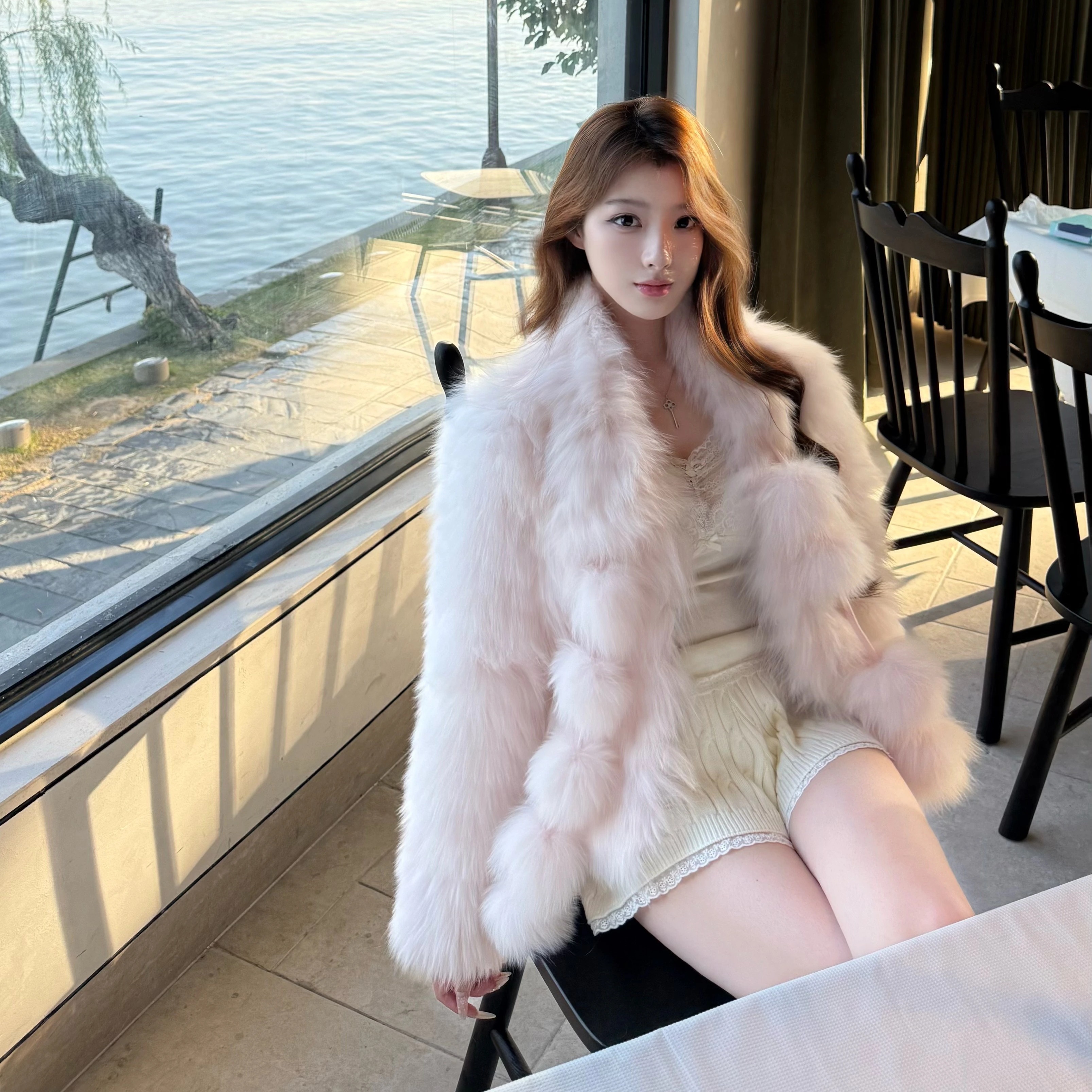 Layyyy【樱恋雪】真狐狸毛温柔贵气樱花粉设计感车条短款皮草外套