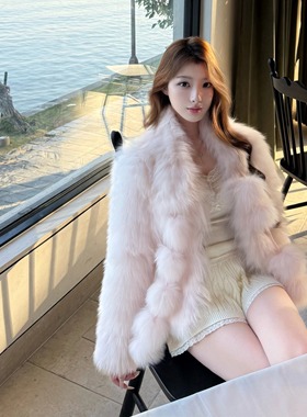 Layyyy【樱恋雪】真狐狸毛温柔贵气樱花粉设计感车条短款皮草外套