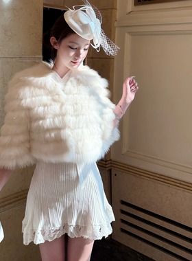 Layyyy【娇娇狐】狐狸毛兔毛层次感车条斗篷短款纯白毛毛皮草外套