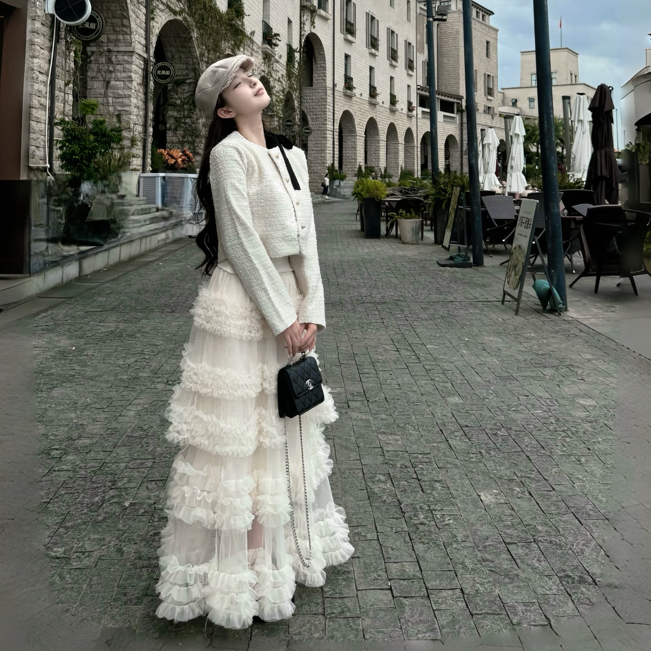 Layyyy【松软心情】层次感重工网纱拼接木耳边蛋糕裙女蓬蓬半身裙