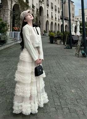 Layyyy【松软心情】层次感重工网纱拼接木耳边蛋糕裙女蓬蓬半身裙