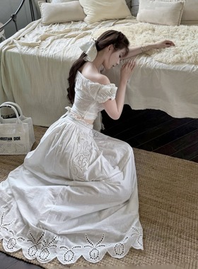 Layyyy【南法旧梦】度假风重工刺绣镂空纯棉上衣+下裙女两件套装