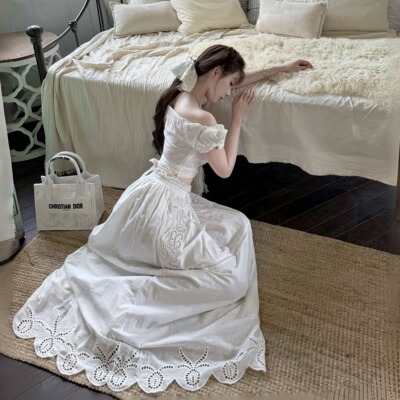 Layyyy【南法旧梦】度假风重工刺绣镂空纯棉上衣+下裙女两件套装