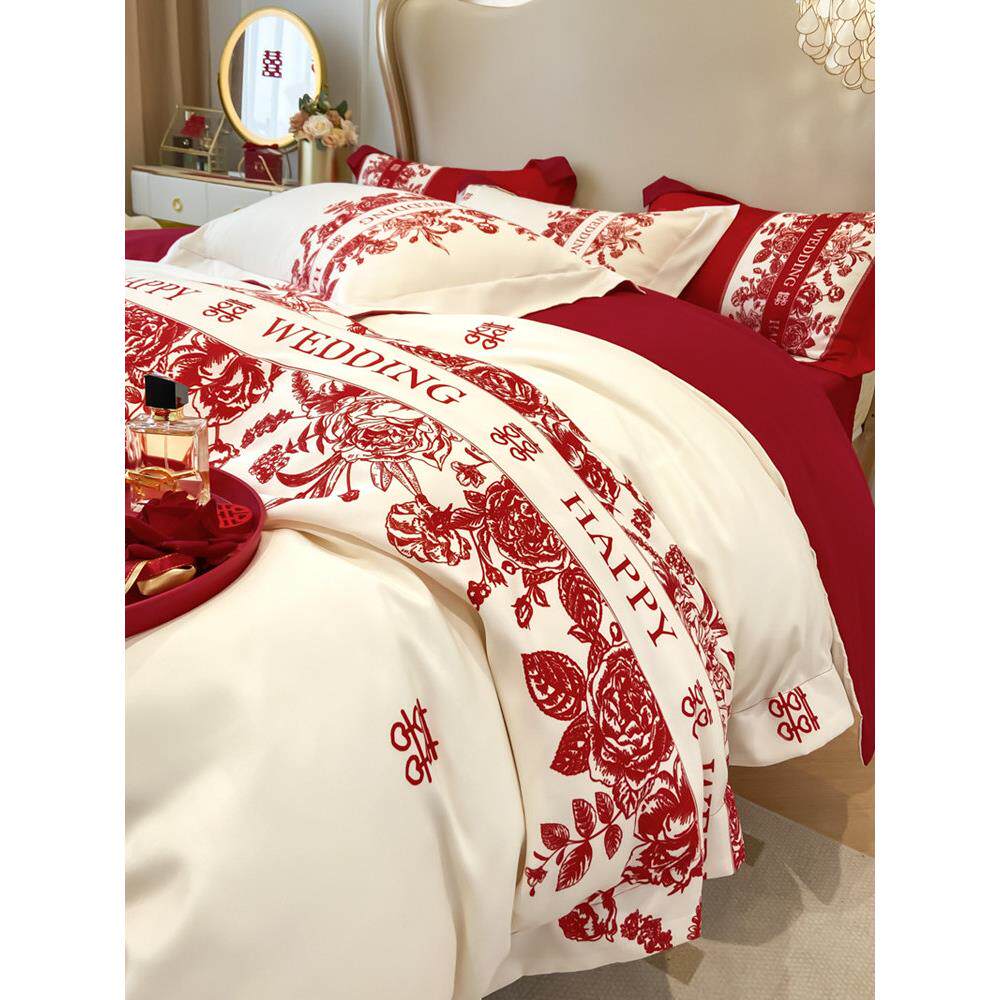 休闲时尚婚礼四件套，高端数码印花被套，红色婚礼被套，婚礼床上