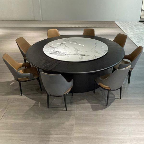 酒店电动餐桌大圆桌岩板定制饭桌新中式12人15人20饭店餐厅火锅桌