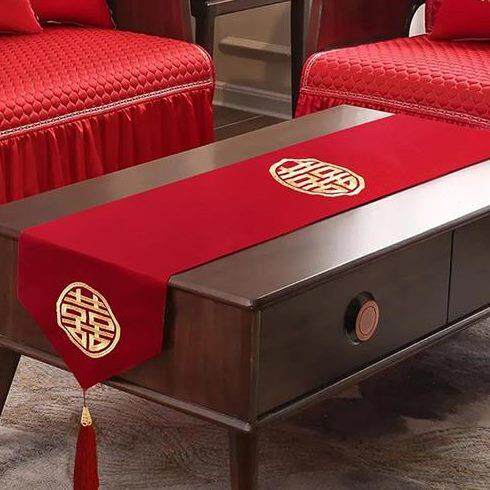 盖结婚桌旗婚礼茶几桌布巾刺绣餐桌布中式红色喜字电视柜婚庆流苏