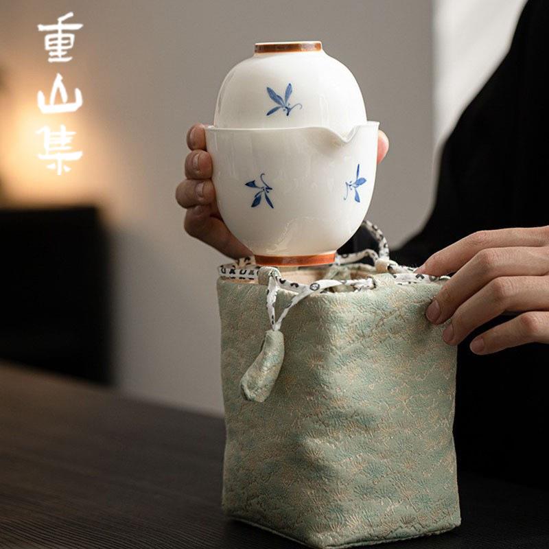 纯手绘蝴蝶兰花便携户外旅行茶具套装泡茶杯快客杯