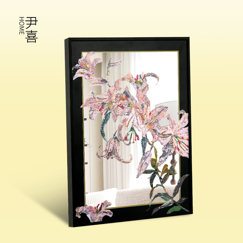 新中式百合花卉镜子画客厅装饰高级感油画彩色中古玄关装饰画摆件图片