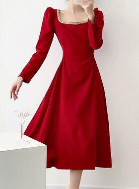高级感红色连衣裙女春秋季新款显瘦气质法式订婚敬酒宴会礼服裙子