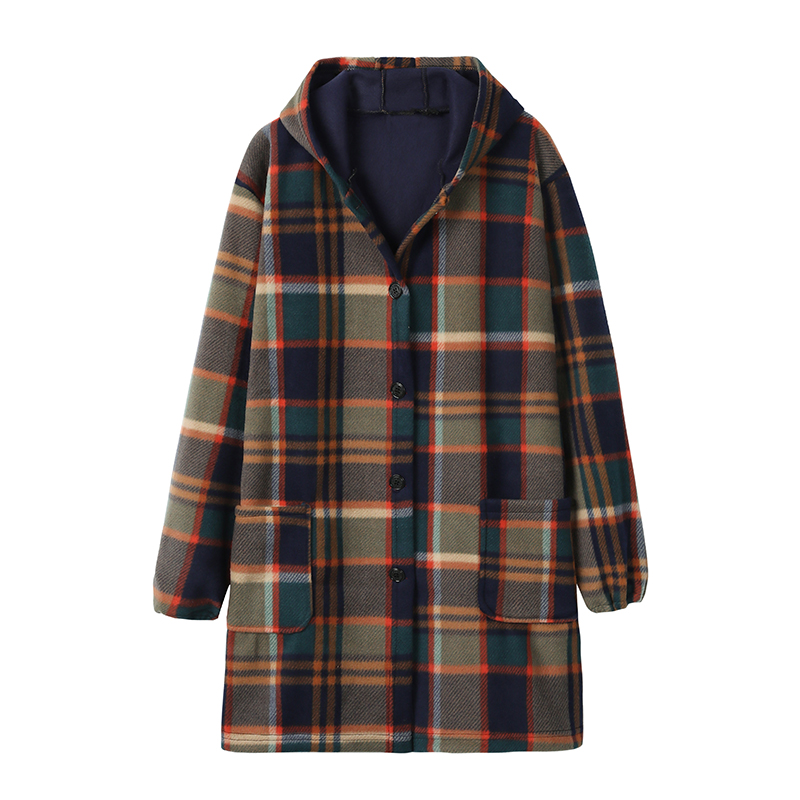 中老年女装妈妈装50-60格子连帽中长款风衣加绒厚外套秋冬季罩衣