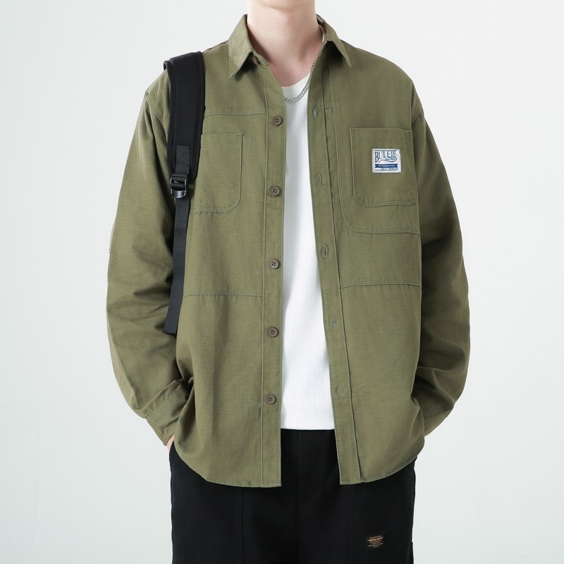 秋季男士工装衬衫青年纯棉长袖上衣大码胖子加肥加大宽松外套衬衣