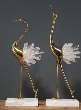 纯铜轻奢水晶仙鹤摆件样板房客厅电视柜桌面玄关摆设家居装饰品