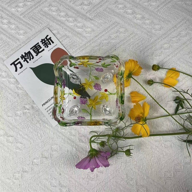 手绘彩色葡萄雕花方形复古糖罐烟灰缸浮雕储物罐首饰盒玻璃肥皂盒