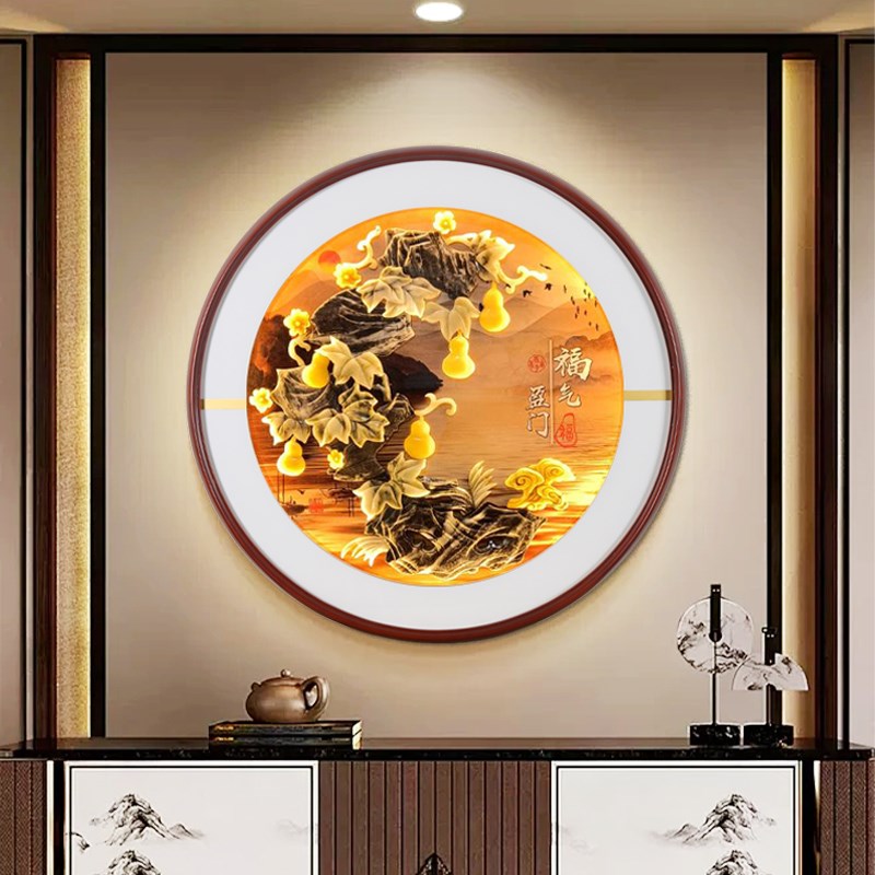 新中式高档玉雕挂画走廊玄关入户带灯立体装饰画沙发背景墙壁挂图片