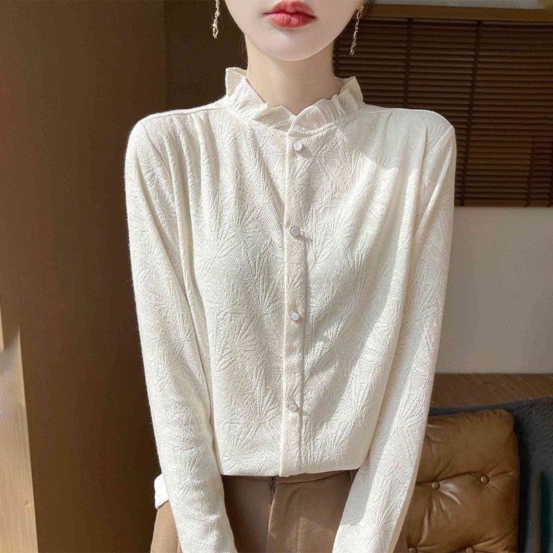 高级感木耳边衬衫女内搭针织打底衫重磅镂空提花长袖立领衬衣秋冬,女装/女士精品,毛针织衫,淘宝优惠券,粉丝福利购,淘宝优惠卷