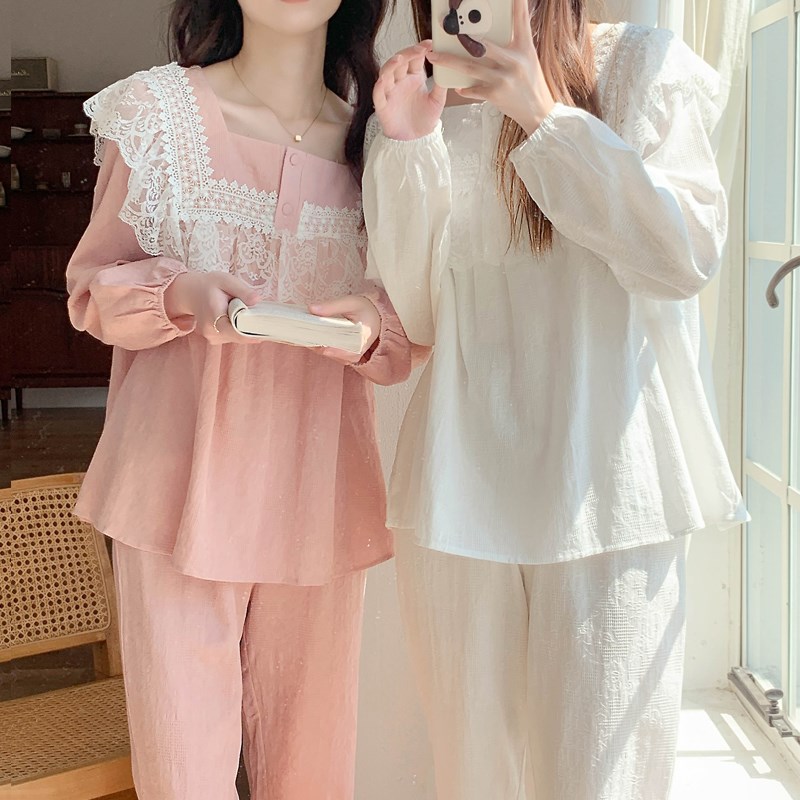 睡衣女春秋季新款长袖长裤套装甜美可爱公主风方领显瘦家居服外穿