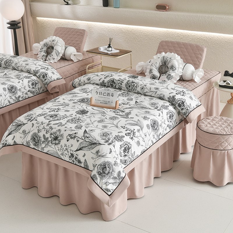 法式复古美容床罩四件套轻奢风高档黑色按摩美容院专用床罩套定制