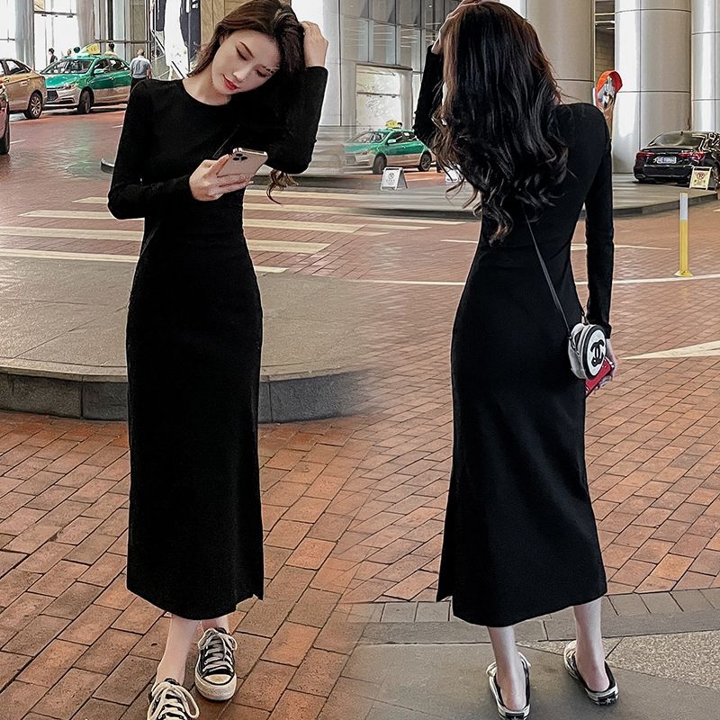棉质春秋连衣裙女2023新款打底修身长裙开叉内搭裙子长款休闲裙春