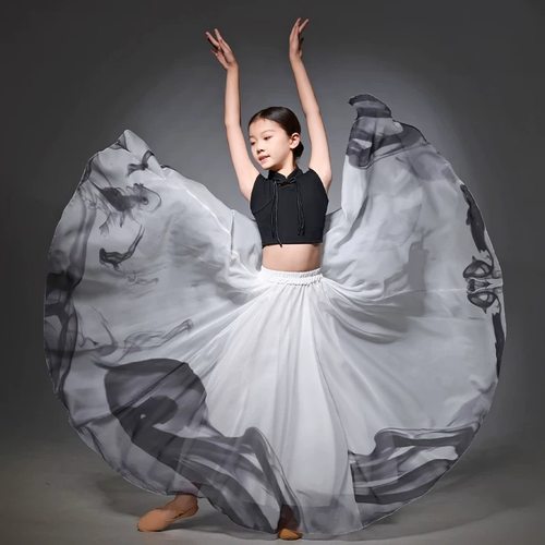 儿童民族中国风水墨古典舞蹈服半身练功长裙现代舞演出服大摆纱裙