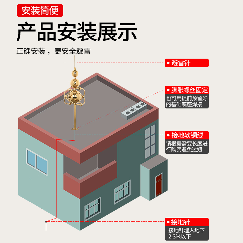 镀钛金装饰避雷针防雷工程室外家用别墅洋房屋顶大号接闪器接闪杆