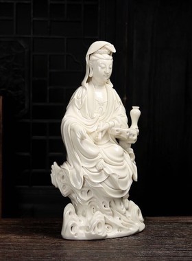 陶瓷摆饰《坐岩自在观音菩萨像》王秋芳雕塑观世音菩萨佛像