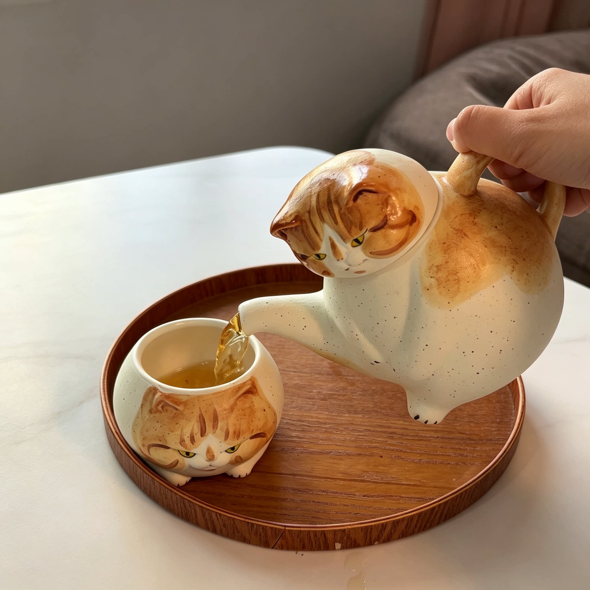 日本手作粗陶猫咪茶壶套装