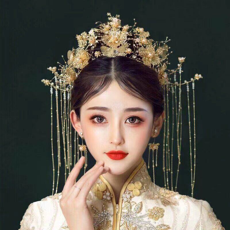 秀禾头饰金色新娘中式凤冠步摇大气古典圣女冠龙凤褂结婚发饰品