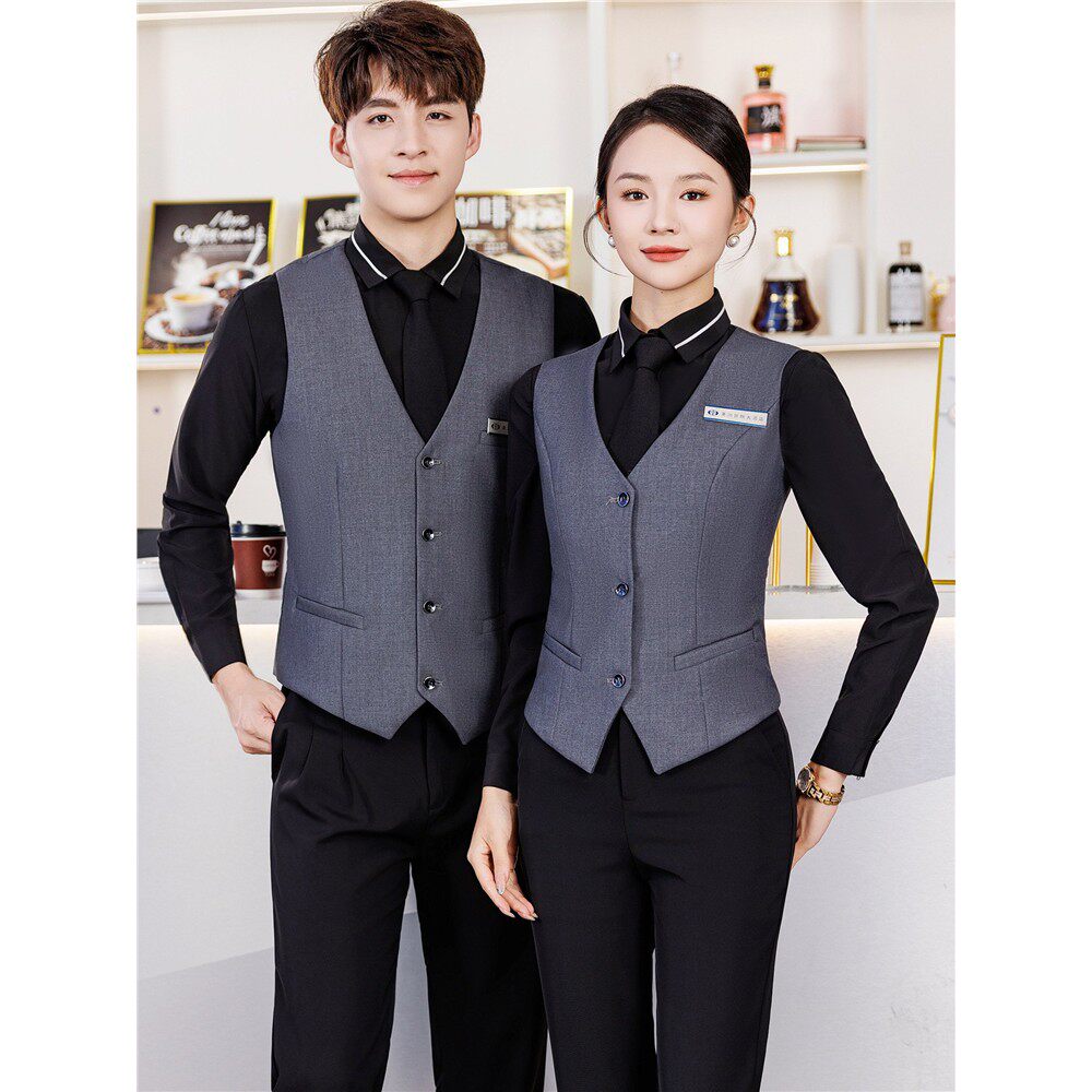 KTV服务员工作服短袖黑衬衫灰马甲套装酒店餐厅台球前台制服长袖