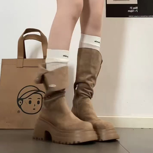 两穿美拉德风2025新款 厚底长筒靴女棕色靴子秋冬小个子长靴骑士靴
