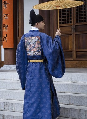 2024汉服男明制妆花仙鹤文官官服圆领袍藏青蓝色司仪中式婚服男