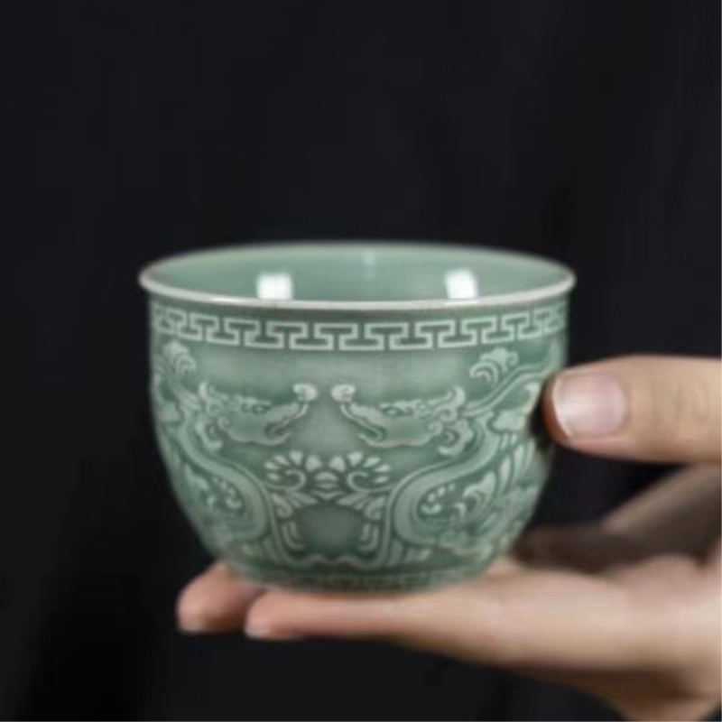 中式龙泉青瓷祥龙双龙陶瓷茶杯单杯品茗大容量主人茶盏茶具茶杯