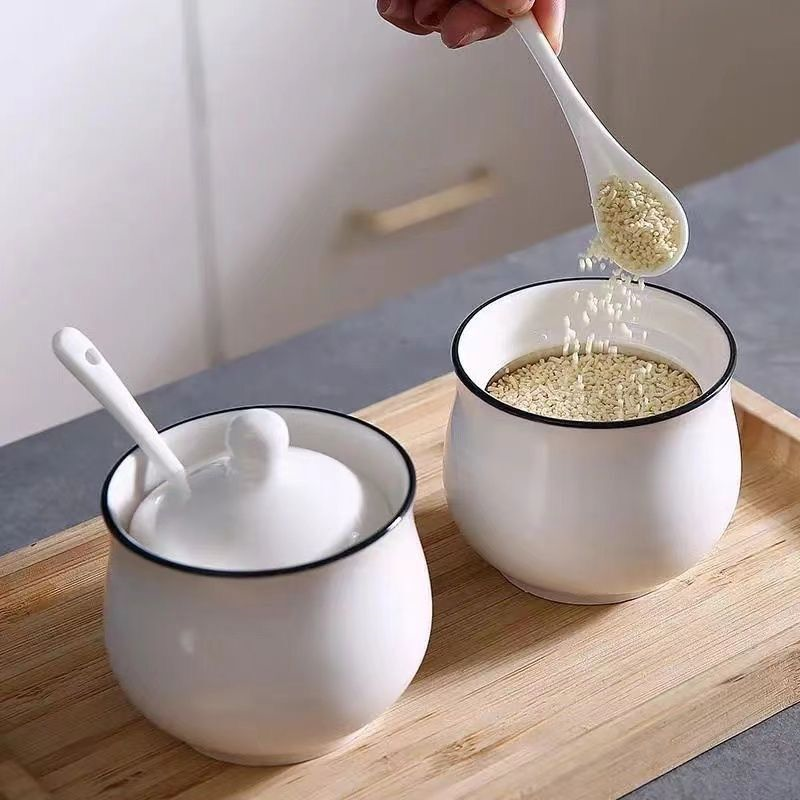 陶瓷油罐调味厨房用品盐味精调料厨房耐高温家用辣椒佐料白盖套装