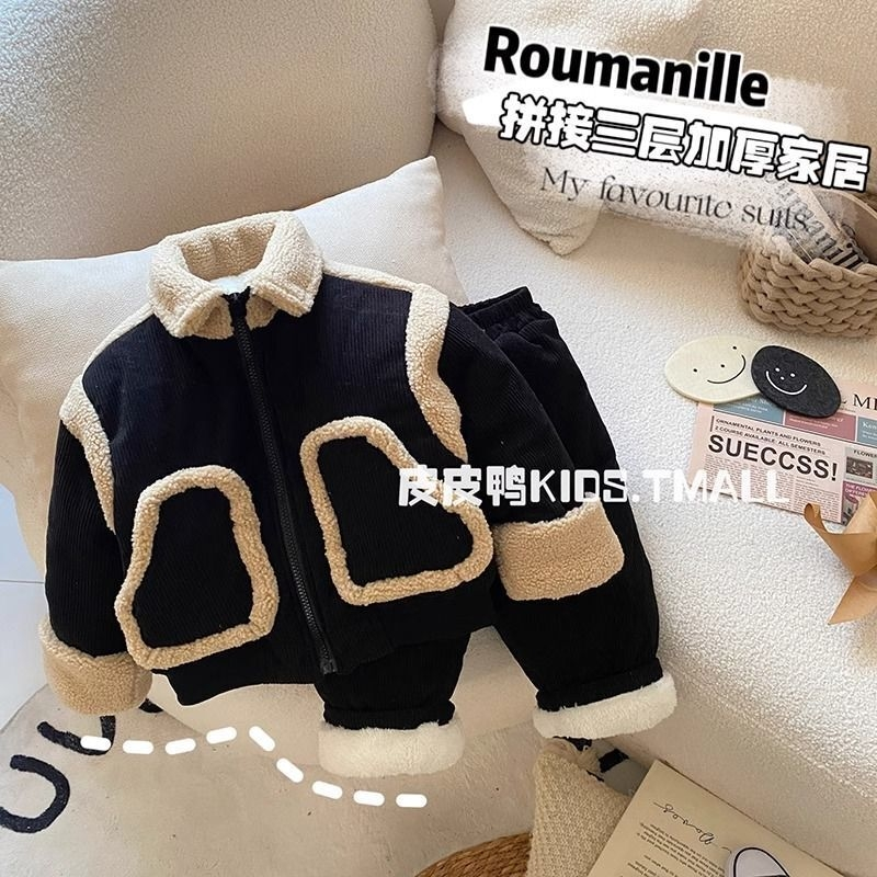 男童冬季家居服新款韩版宝宝三层加厚夹棉加绒睡衣儿童保暖两件套