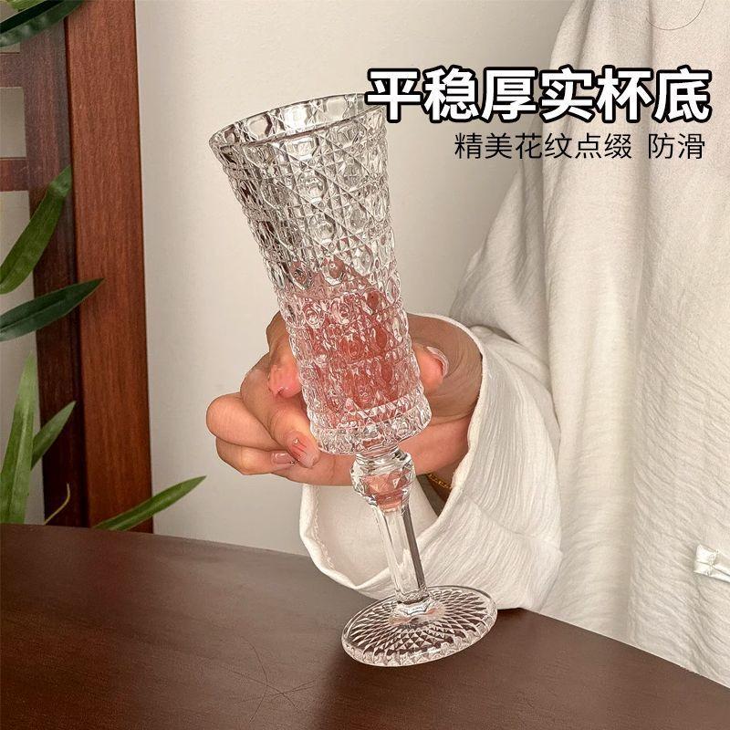 玻璃浮雕高脚杯高颜值香槟杯复古红酒杯子小众复古洋酒葡萄酒杯