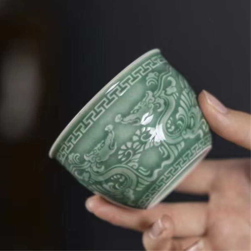 龙泉青瓷祥龙双龙陶瓷茶杯单杯品茗主人茶盏个人喝茶专用高档茶具