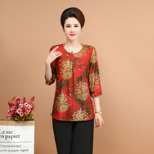 中年夏装 T恤胖妈妈装 宽松大码 上衣老年新款 中老年女装 女薄款 中袖