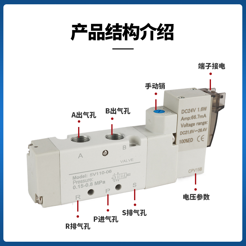 二位五通气动电磁阀5V210-08控制阀5V220-08换向阀5V230C-08 220V