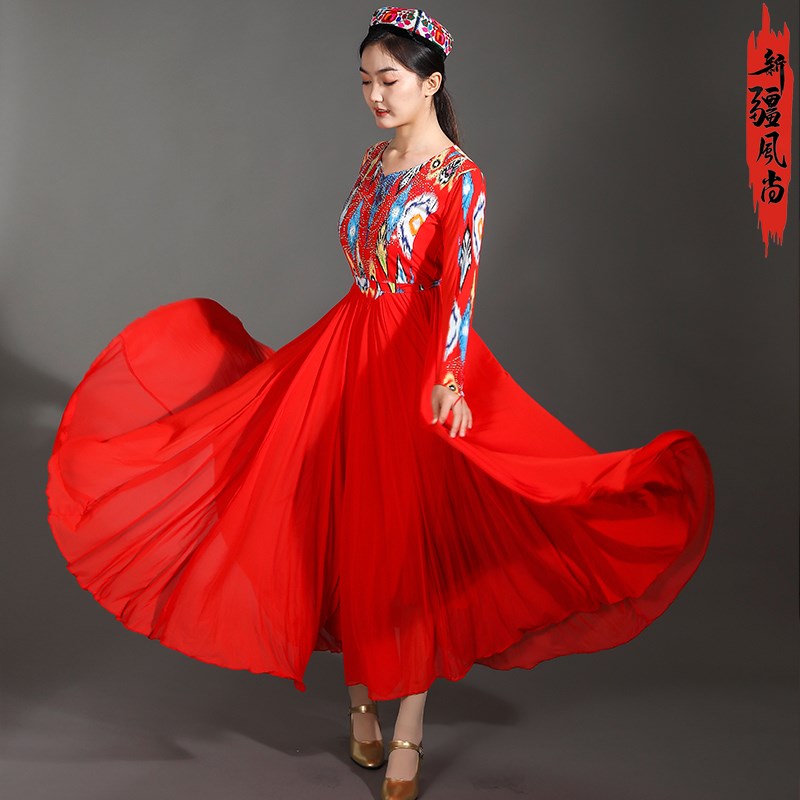 720度大摆裙新疆舞蹈服演出服雪纺艾德莱斯连衣裙维族广场舞长裙