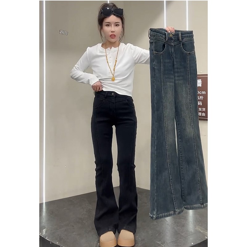 梨型身材裤子大码高腰弹力加绒微喇牛仔裤女冬胖mm显瘦遮胯喇叭裤