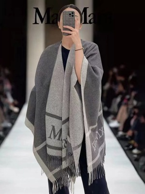 Max家Mara双面羊毛披肩2025秋冬新款经典款流苏字母logo围巾