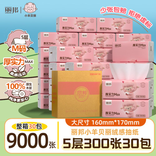 丽邦抽纸300张*30包整箱家用实惠装纸巾卫生纸餐巾纸抽擦手面纸