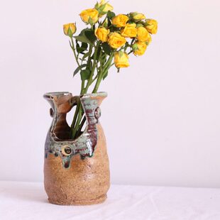 日式 进口信乐烧粗陶南蛮手捅高级感花瓶日本家用客厅插花花器 原装