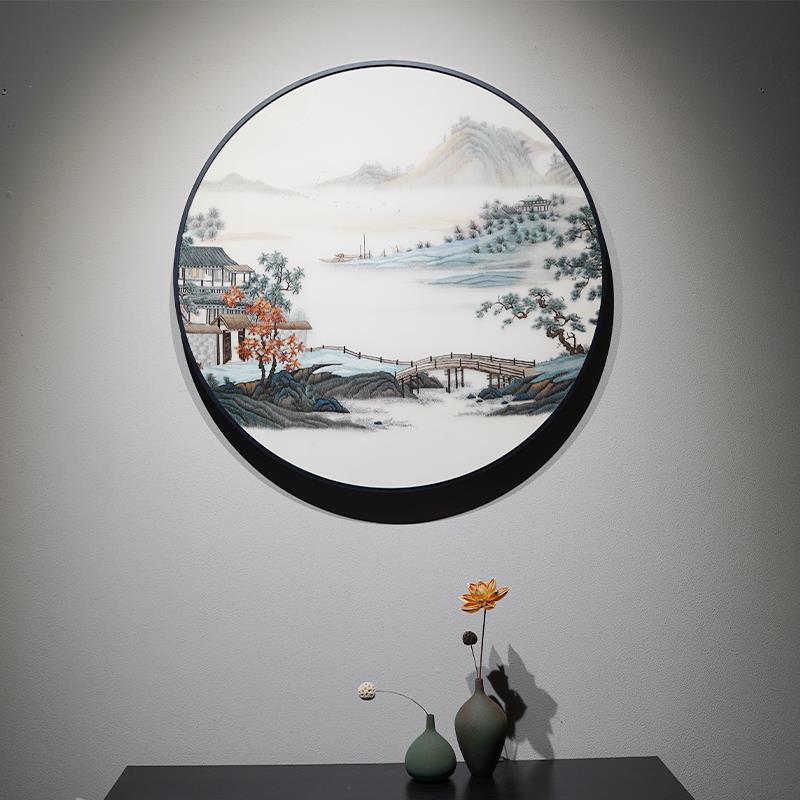溪山乐居图苏绣新中式禅意圆形纯手工刺绣入户玄关客厅卧室装饰画