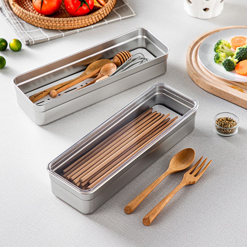 304不锈钢筷子收纳o盒家用厨房筷筒防尘带盖沥水层餐厅饭店筷子盒